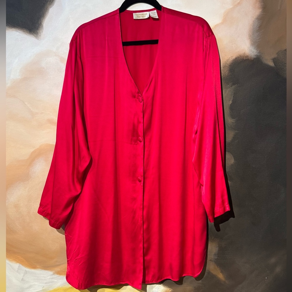 Victoria's Secret SILK Bold Red Button Down Night Shirt